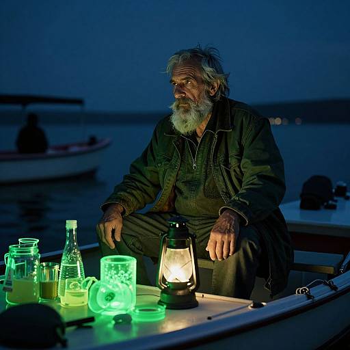 Elderly Man on Nighttime Glowing Boat