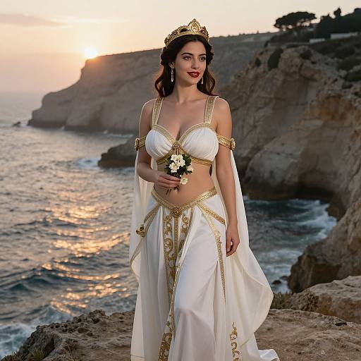 Photograph of a fair-skinned woman with dark hair, wearing a white and gold fantasy-style bridal gown and crown, holding a bouquet, standing on