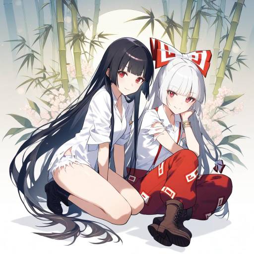 Anime Girls with Long Hair and Bamboo Background