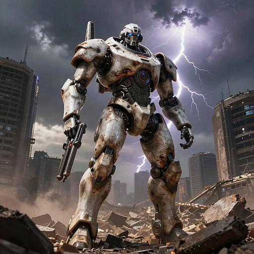 Photorealistic CGI: Tall, heavily-damaged mecha robot with glowing blue eye, holding gun, standing amidst rubble under lightning-filled stormy sky