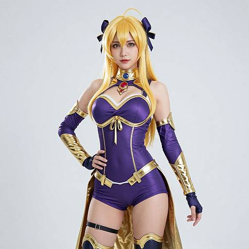 Digital artwork of a blonde anime woman in a purple and gold cosplay outfit with a red gem, confident pose, white background.