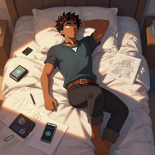 Digital anime-style drawing of a dark-haired, tan-skinned man lying on a sunlit bed, wearing a blue shirt and black pants, surrounded by