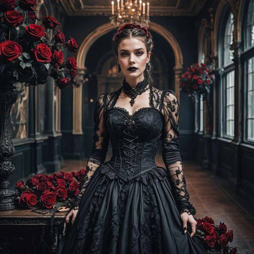 Gothic Woman in Victorian Black Lace Dress in Opulent Ballroom