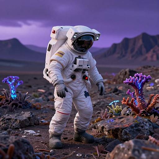 Photorealistic CGI of an astronaut in a white spacesuit, standing on a colorful alien landscape with glowing purple and blue plants, under a purple sky