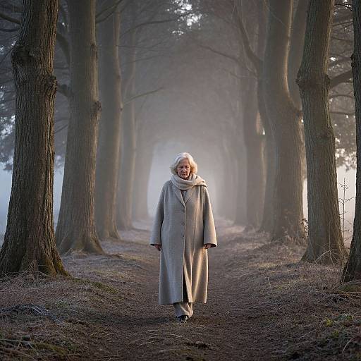 Mystical Dawn Walk of Elderly Woman