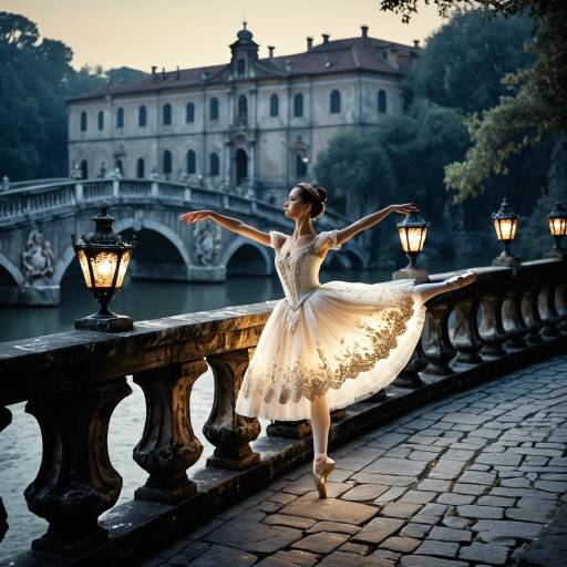 Ballerina Dancing on Historic Stone Bridge