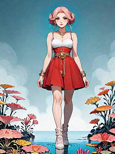 Woman in Coral Pink Skater Dress with Floral Surroundings