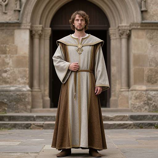 Photograph of a bearded man in medieval brown and white religious robe, standing in front of a stone Gothic arch doorway.