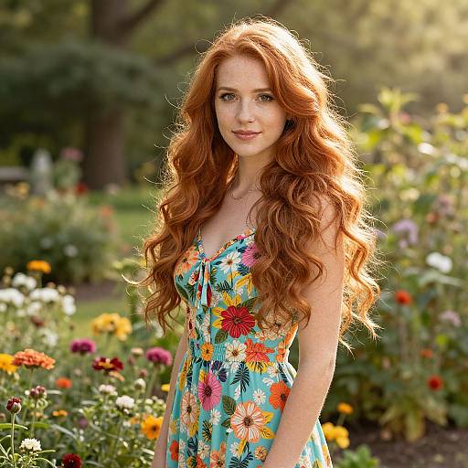 Photograph of a fair-skinned, red-haired woman with long wavy hair, wearing a colorful floral dress, standing in a vibrant, sunlit