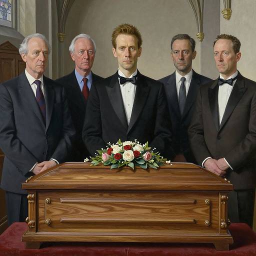 Five men in black tuxedos stand beside a wooden coffin with a floral arrangement, in a church with arched windows.