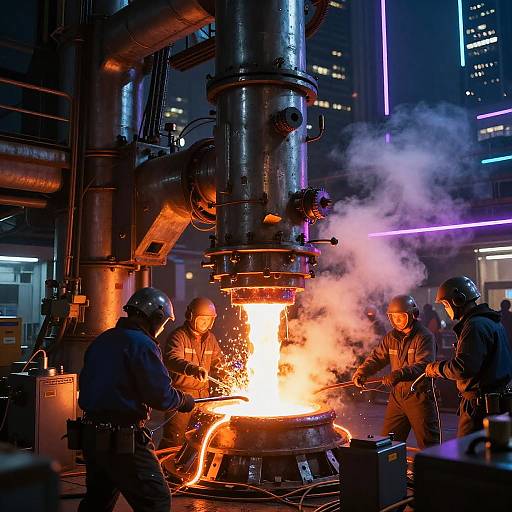 Photograph of four workers in helmets and uniforms, surrounding a bright, fiery machine emitting smoke, in a futuristic, neon-lit industrial setting.
