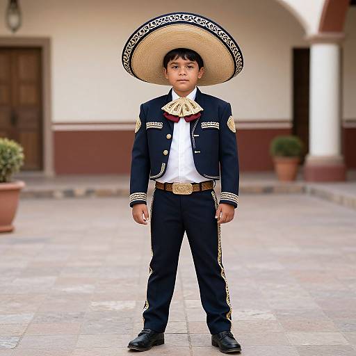 Photograph of a young boy in traditional Mexican attire, wearing a large sombrero, navy suit with gold trim, white shirt, and black shoes,