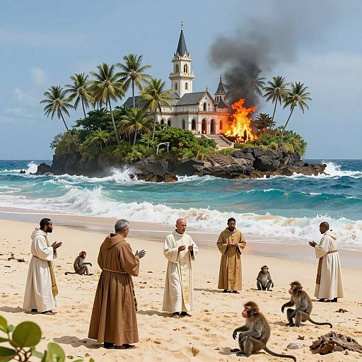 Photograph: Monks in white and brown robes on a sandy beach watch as a burning, black-smoke-emitting island church with a spire