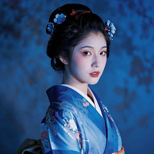 Photograph of a Japanese woman with pale skin, red lipstick, and black hair adorned with blue flowers, wearing a blue floral kimono, against a