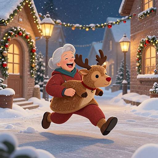 Animated winter scene: Joyful elderly woman in red outfit and blue scarf, laughing while running with plush reindeer in snowy village street, decorated with lights