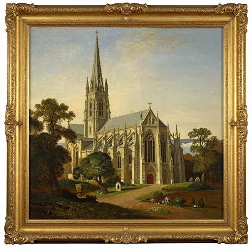 Ornate gold frame encloses a detailed, realistic painting of a Gothic-style church with a tall spire, surrounded by trees and a garden path