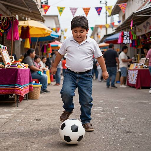 Photograph of a young boy with short black hair, wearing a white polo and blue jeans, joyfully kicking a soccer ball on a colorful, bustling