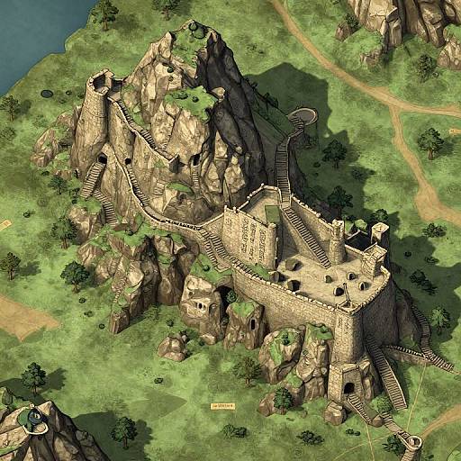 Aerial CGI view of a medieval stone castle with winding staircases, towers, and walls, perched on a rocky, green hillside.