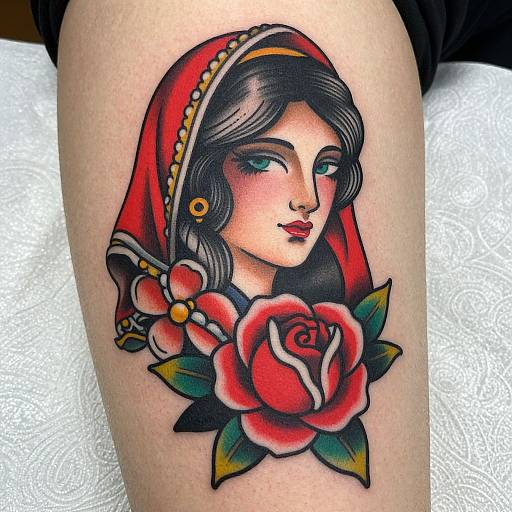 Tattoo of a fair-skinned woman with dark hair, blue eyes, and red veil, wearing a large red rose, on leg.