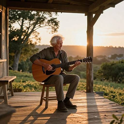 Photograph of an elderly white man with gray hair playing an acoustic guitar on a wooden porch at sunset, surrounded by greenery. Warm sunlight casts long