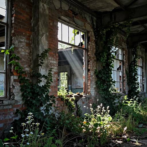 Photograph of an abandoned, sunlit brick building with broken windows, overgrown with green vines and wildflowers, sunlight streaming through.