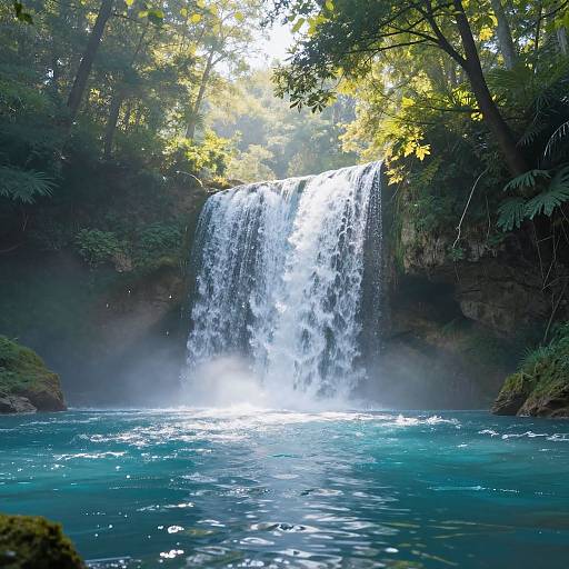 Photograph of a cascading waterfall in a lush, green forest, with sunlight filtering through trees, mist rising, and turquoise water below.