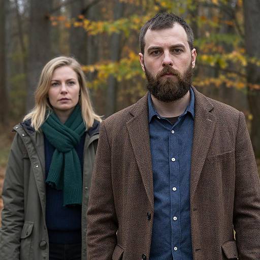 Photograph of a serious bearded man in a brown blazer and blue shirt, and a blonde woman with a green scarf, standing in a forest