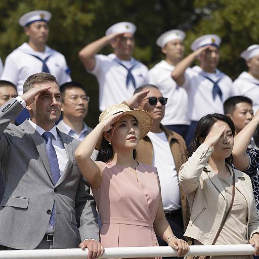 Cheerful Crowd Saluting Under Sunshine