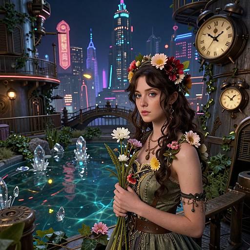 Digital artwork: Victorian-style woman with flower crown, holding daisies, in neon-lit futuristic city, clock tower, fountain, glowing bridge.