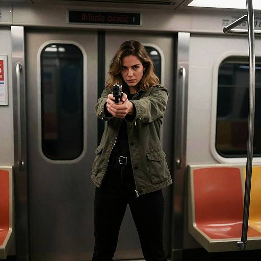 Intense Woman Aiming in Subway Scene