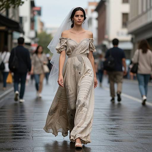 Photograph of a slender woman with dark hair, wearing an off-shoulder, beige, textured wedding dress and veil, walking confidently on a wet