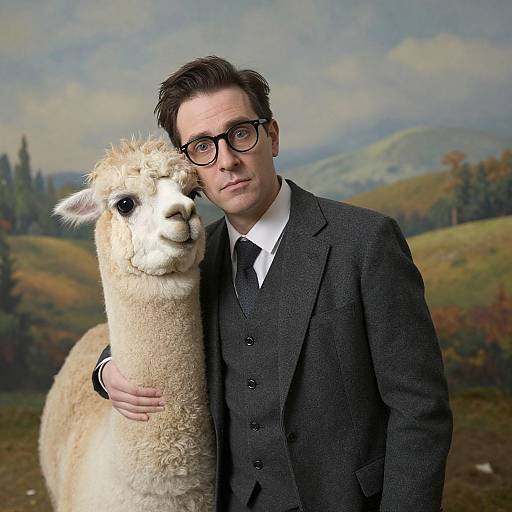 Photograph of a nerdy man in a black suit, white shirt, and black tie, hugging a fluffy white alpaca against a mountain