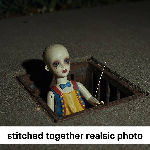 Photograph of a pale, blue-eyed, bald doll with a blue bowtie and yellow dress, stuck in a dark street grate at night, with