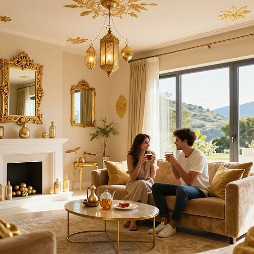 Couple sitting on a beige couch in a luxurious, sunlit living room with gold decor, ornate mirrors, and large windows. He's in