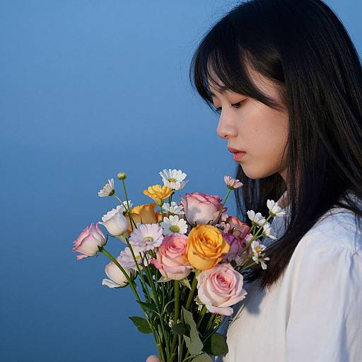 Young Asian woman with long black hair, wearing white, holds colorful bouquet of roses and daisies against blue background. Photorealistic image.