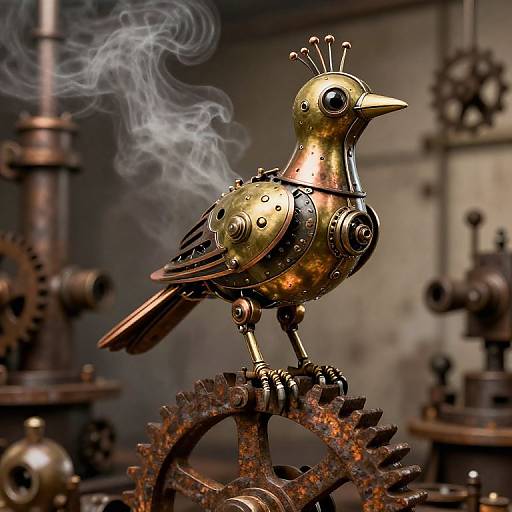Mechanical bird sculpture with metallic gold and brass details, standing on rusted gears, emitting wisps of white smoke in an industrial setting. Photoreal