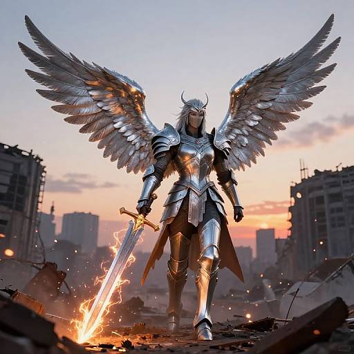 Digital art of a silver-winged armored angel warrior with glowing sword, standing amidst a ruined cityscape at sunset. Wings spread wide, fiery blade ign
