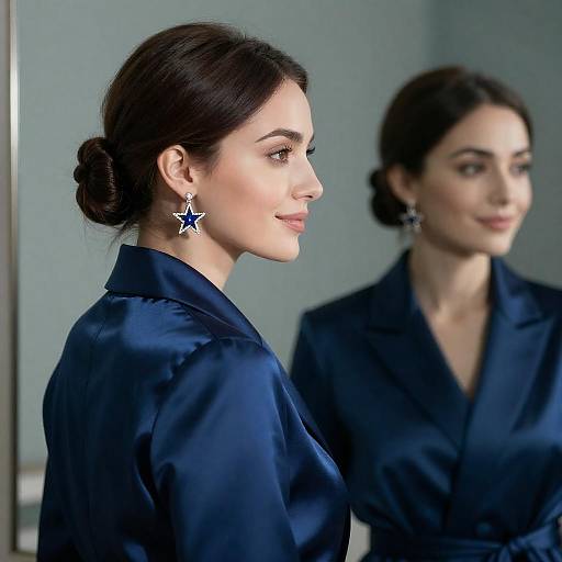 Woman in Blue Satin Coat with Star Earrings