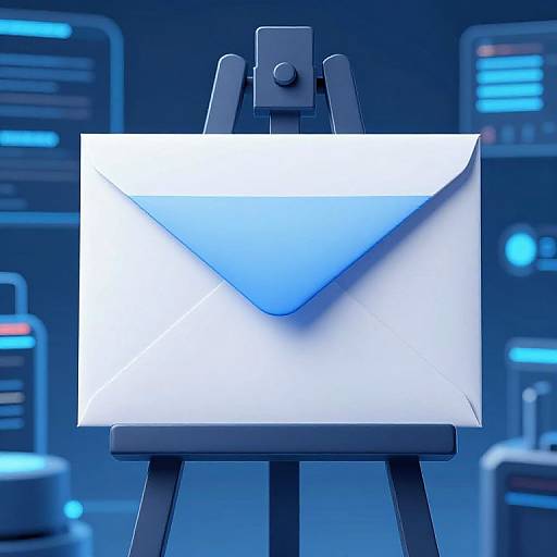 Digital illustration of a glowing blue envelope on a black tripod stand, set against a futuristic, tech-themed blue background.
