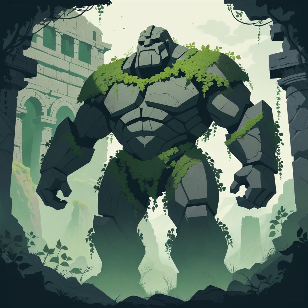 Giant Golem Silhouette in Ancient Ruins