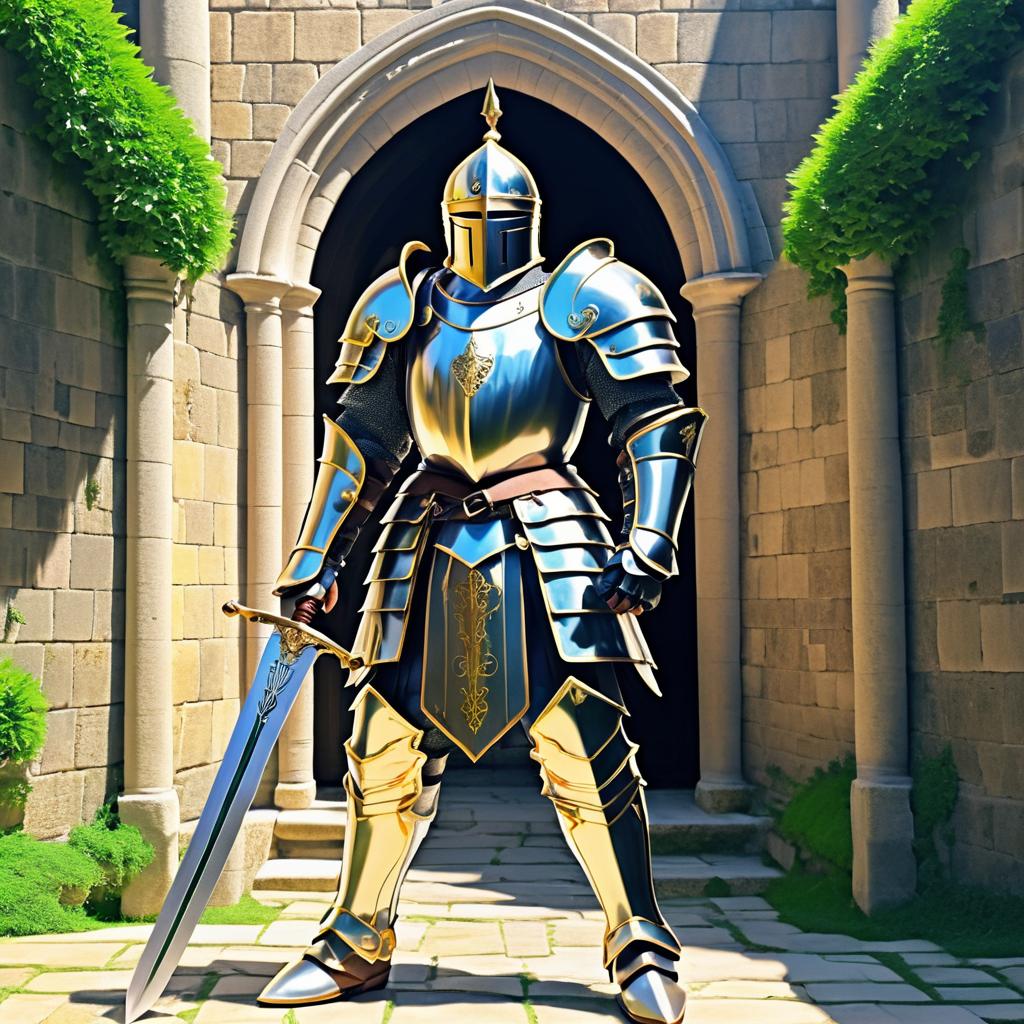 Brave Knight in Enchanted Castle Courtyard