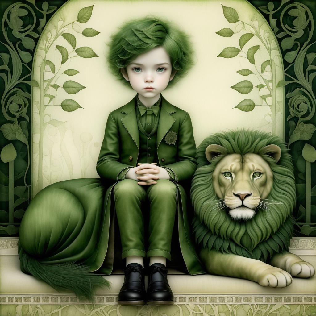 Stylized Boy Portrait with Lion Companion