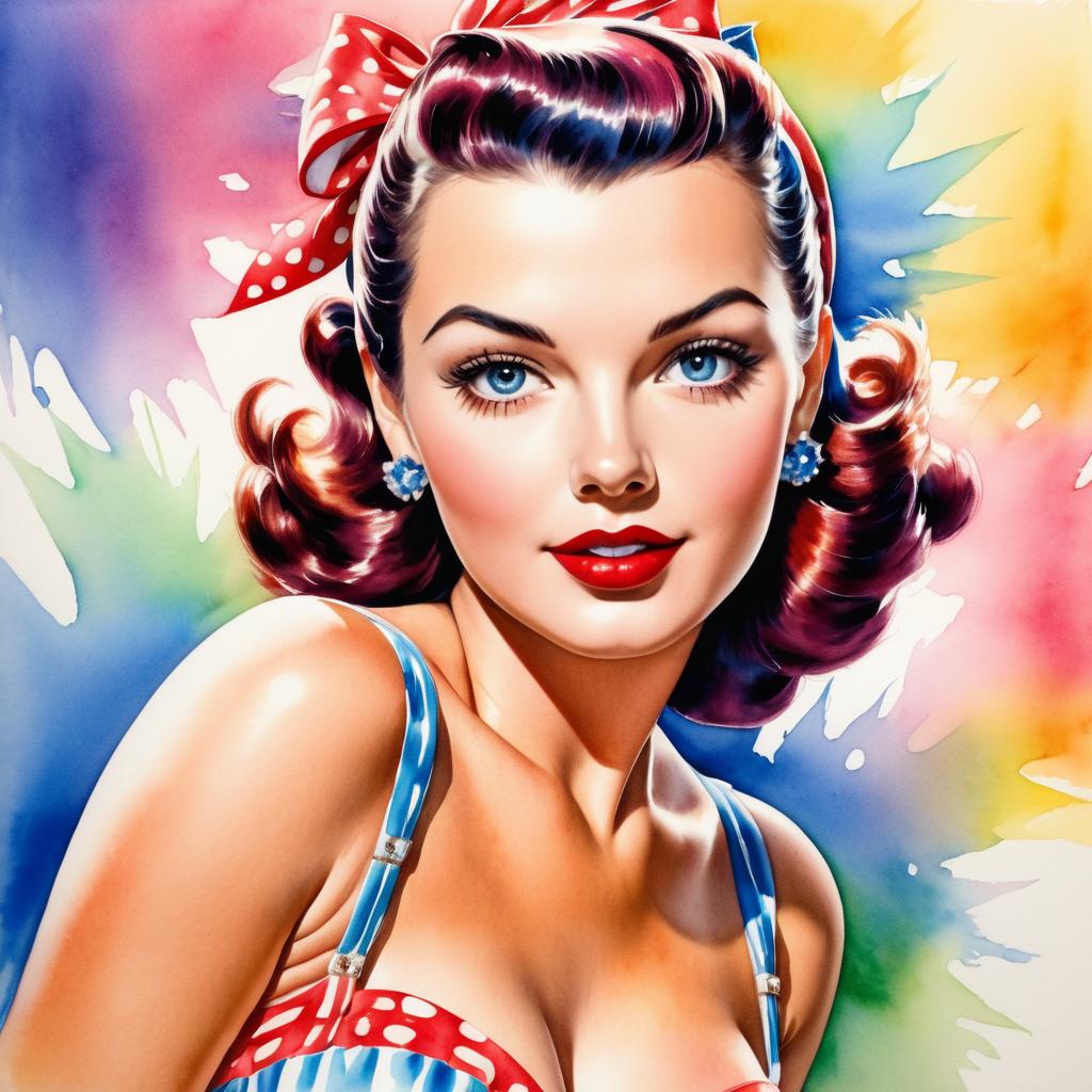 Vibrant 1940s Pin-Up Girl Watercolor Art