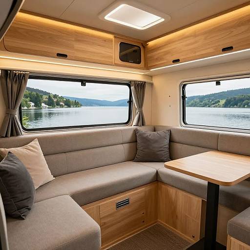 Photograph of a cozy, wooden-paneled motorhome interior with grey L-shaped sofa, wooden table, grey pillows, large windows overlooking a calm lake