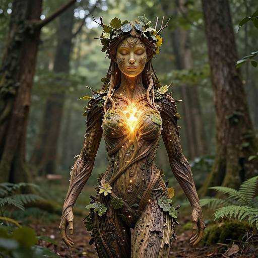 Digital artwork of a forest nymph with golden glowing chest, wooden textured body, leafy crown, and ethereal forest background.