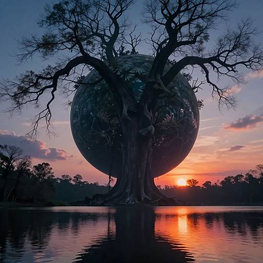 Photograph of a silhouetted, spherical, reflective structure nestled in a large tree's trunk, reflected in a calm water body at sunset,
