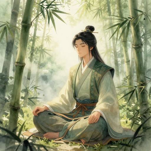 Samurai Meditating in Bamboo Forest