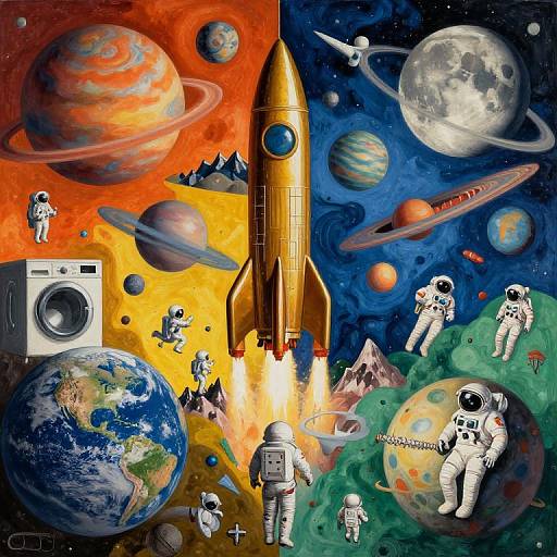 Vibrant digital artwork of a split-space scene: left side in orange, right in blue, with astronauts, rocket, planets, Earth, washing