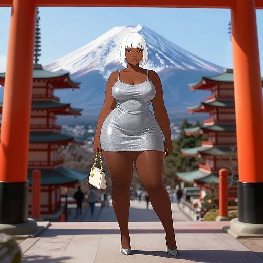Digital art of a curvy, dark-skinned woman with white hair in a silver dress, holding a handbag, standing in front of a Japanese