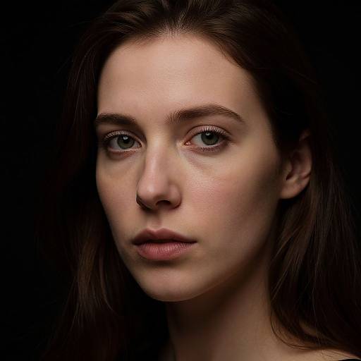 Photograph of a young woman with fair skin, green eyes, and straight brown hair, against a black background, looking softly ahead.